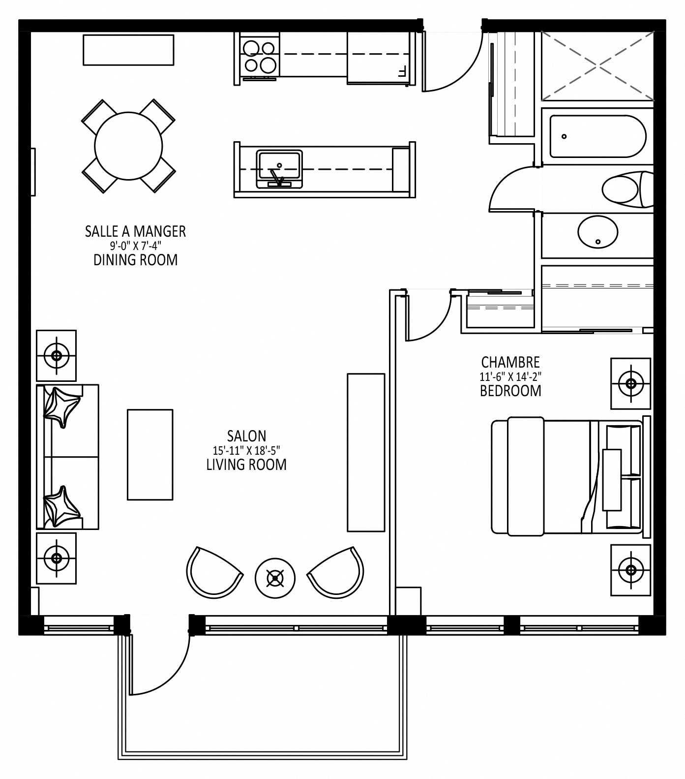 Floor plan for 1 bed, 1 bath